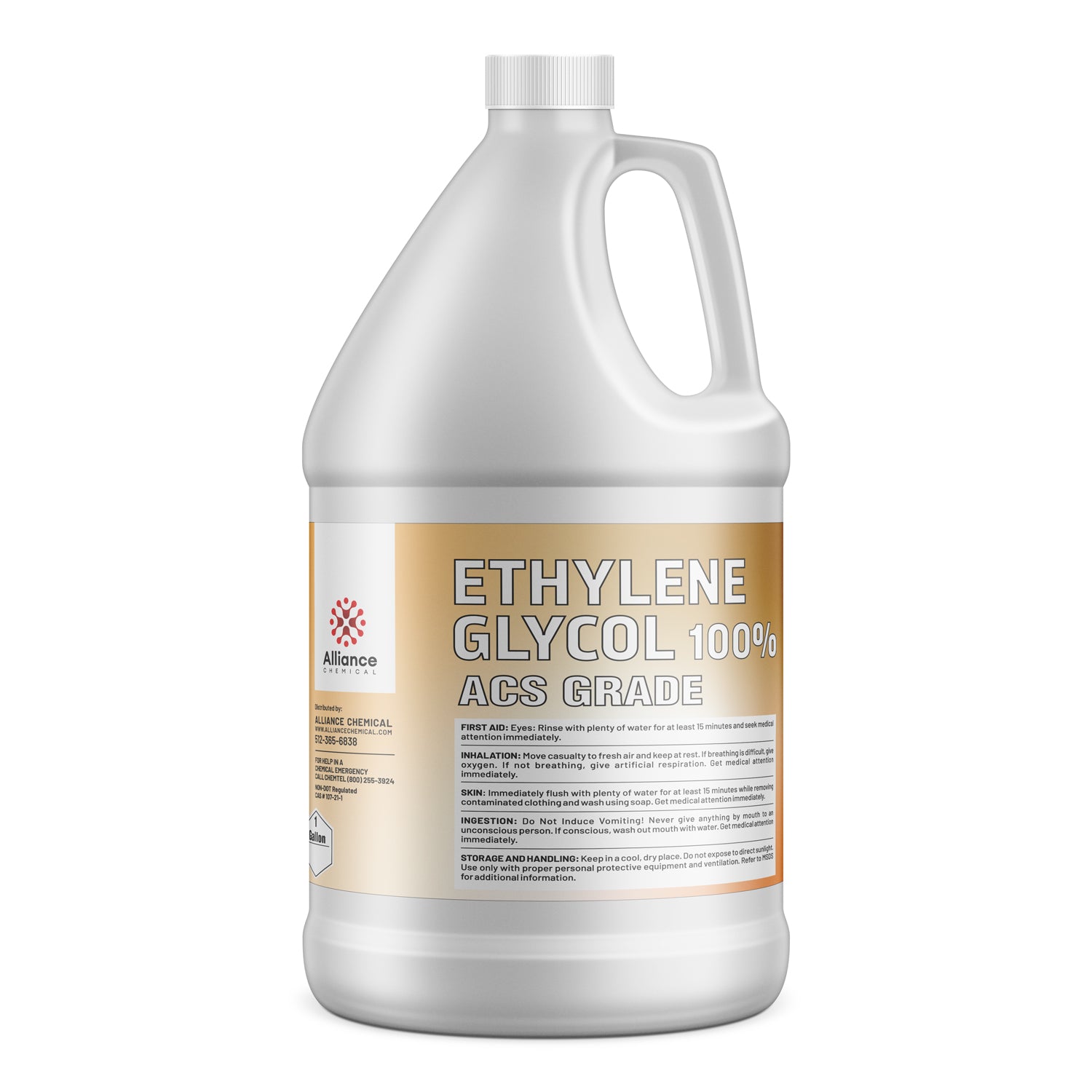 One-gallon HDPE container of 100% ACS Grade Ethylene Glycol by Alliance Chemical with safety instructions and first aid protocols on gold-accented label.